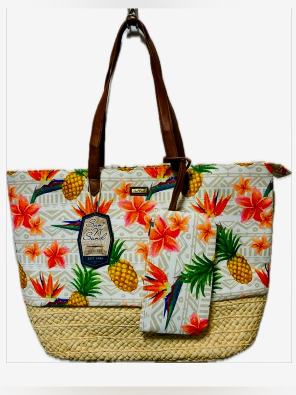🌴NWT! Sun 'n' Sand Pineapple Floral Beach Tote Bag with Straw Bottom and Pouch